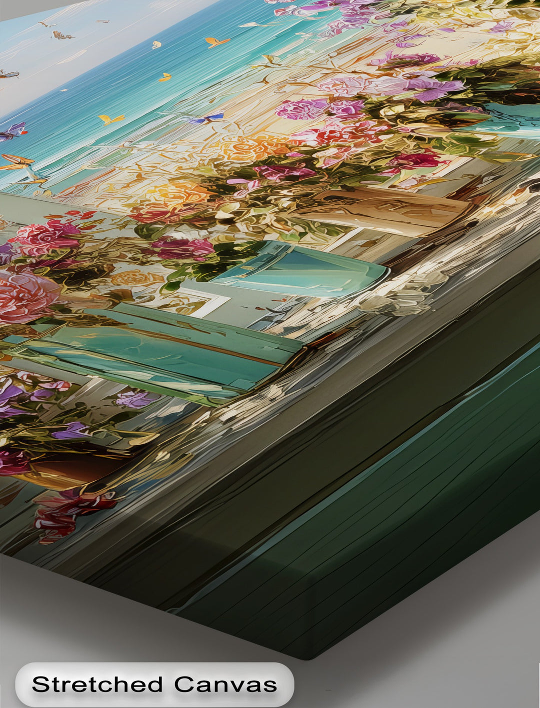 Seaside Bloom – Coastal View with Flowers and Butterflies Canvas Print
