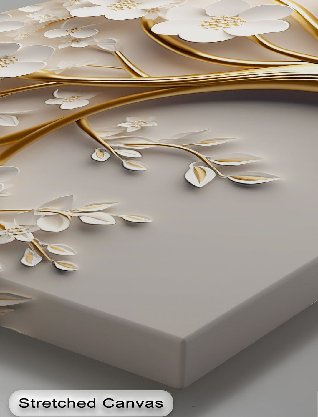 Delicate white blossom petals softly stand out on this luxury gold floral hanging canvas, adding texture to the neutral art.