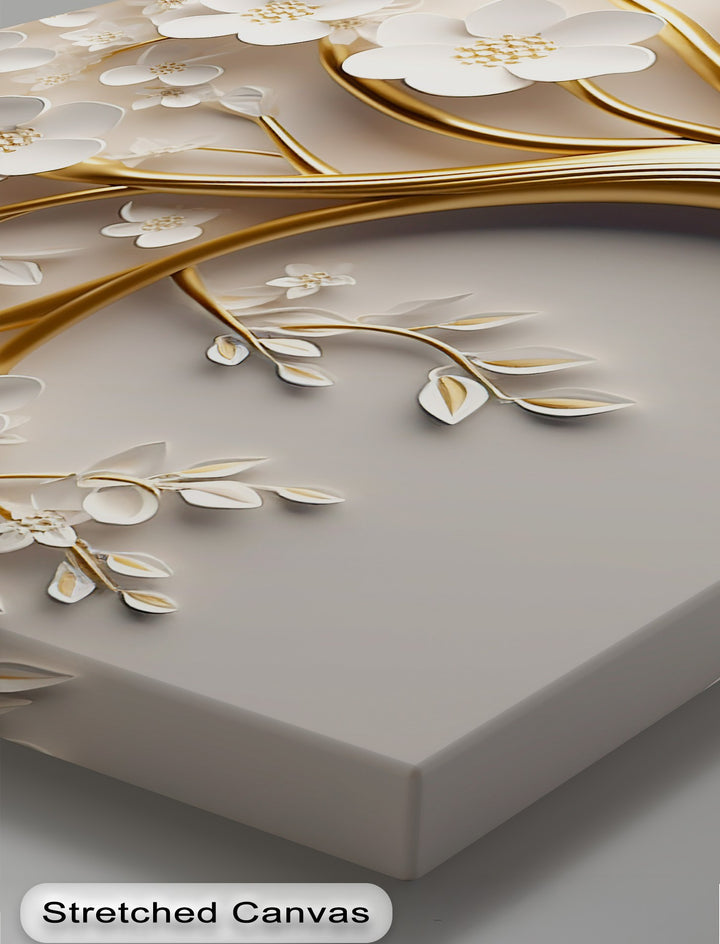 Delicate white blossom petals softly stand out on this luxury gold floral hanging canvas, adding texture to the neutral art.