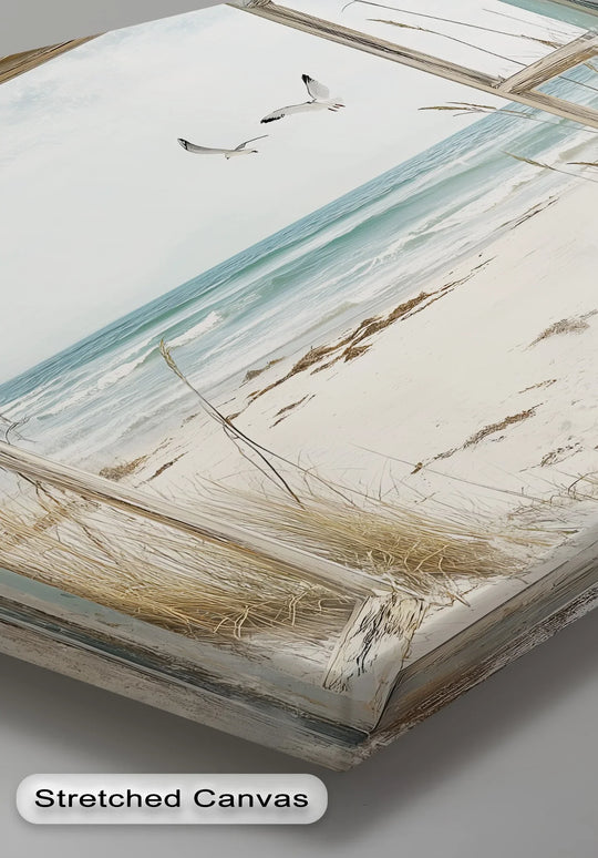 Detailed edge and borders highlight the crafted look of this seaside escape through rustic window kitchen canvas pictures wall art.