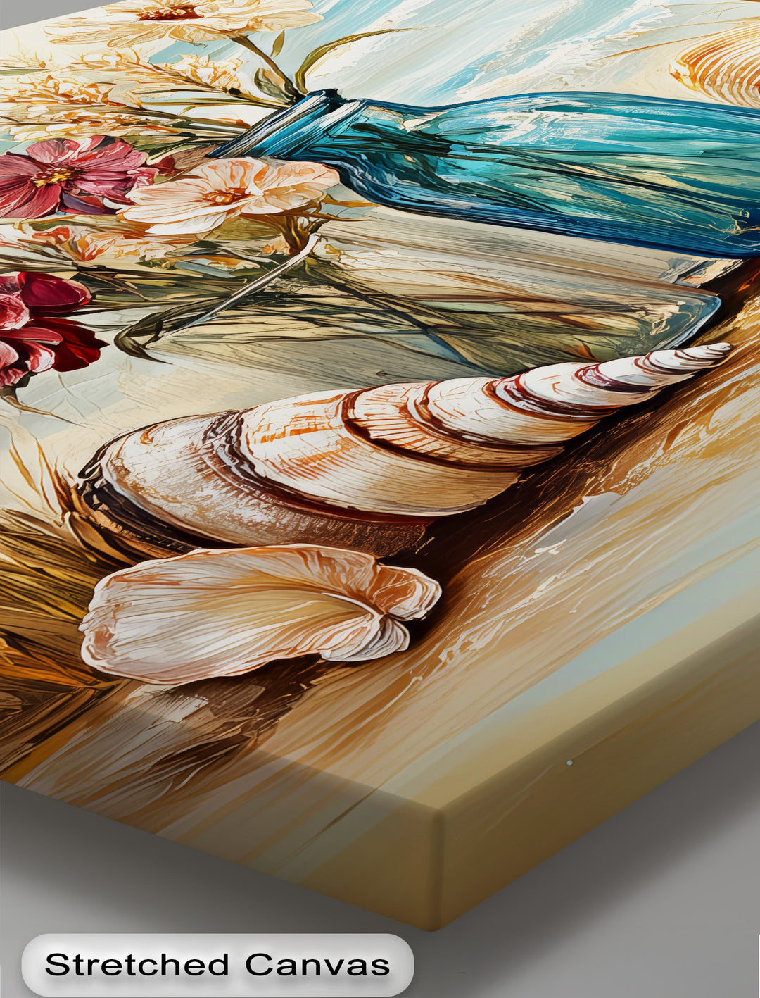 Seaside Serenity – Floral and Seashell Still Life Canvas Print