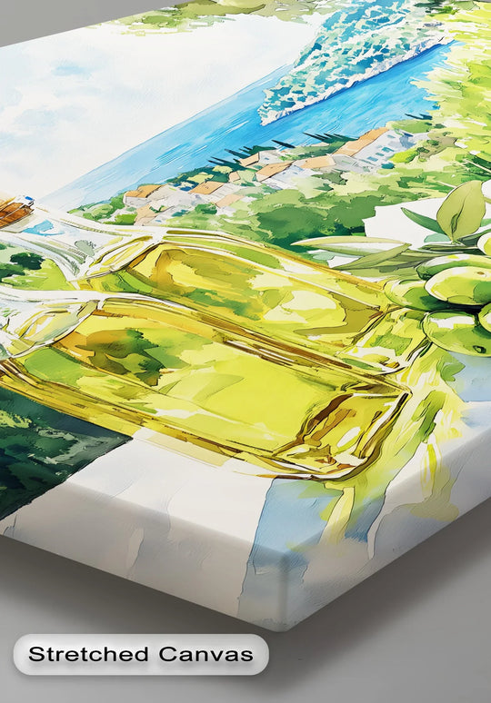 Highlighting the organic forms, the Mediterranean Harvest kitchen canvas art displays bottles and olives with lively brushstrokes, enriching the scene's natural canvas art vibe.