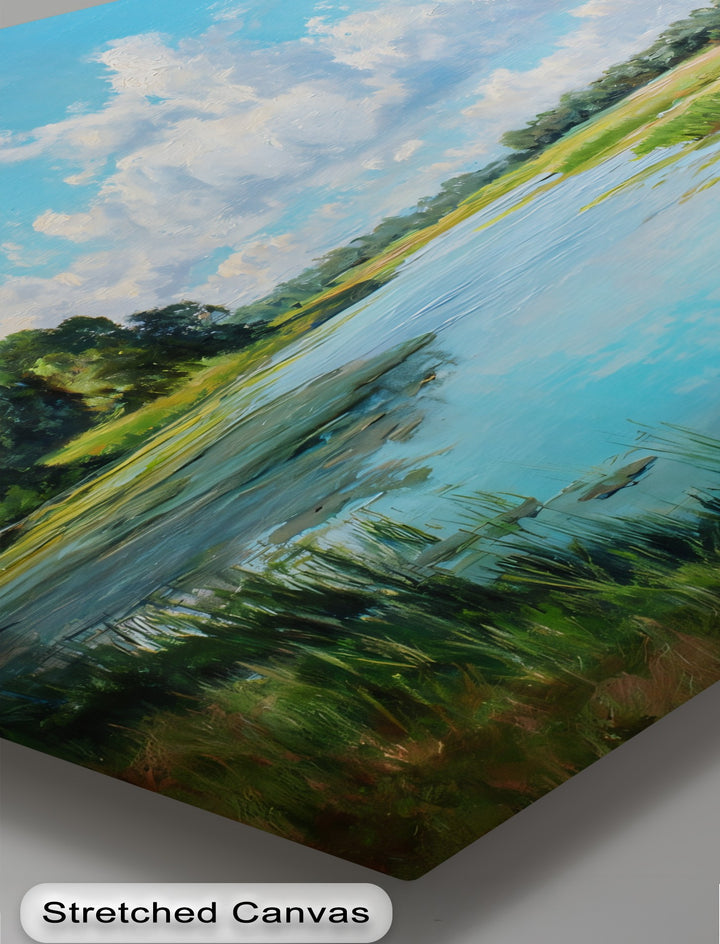 Vibrant green foliage dominates the scene in this peaceful river landscape hanging canvas, highlighting the serene nature canvas wall art.