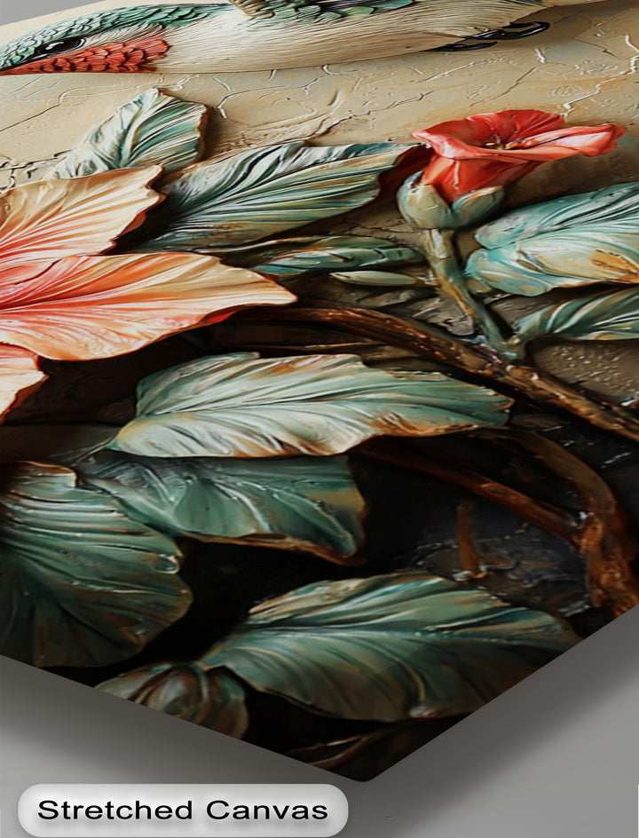 Striking embossed hummingbird floral canvas art showcases vibrant coral flowers, lush teal leaves, and a detailed bird head.