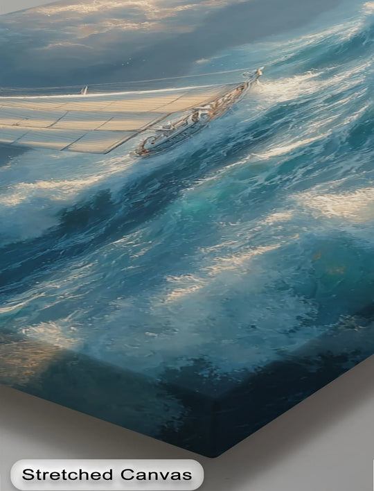 Foreground shows the texture of a turbulent ocean, an artistic framed canvas presenting a dramatic sailboat scene.