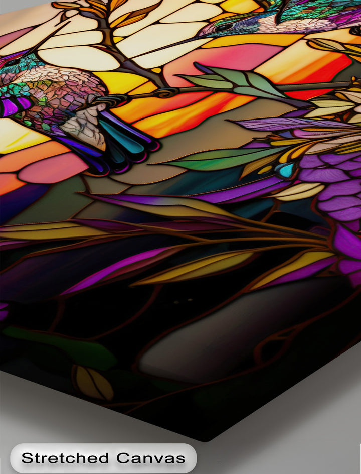 Stillness pervades this colorful floral canvas wall decor, showcasing serene stained glass hummingbirds frozen amidst botanical beauty.