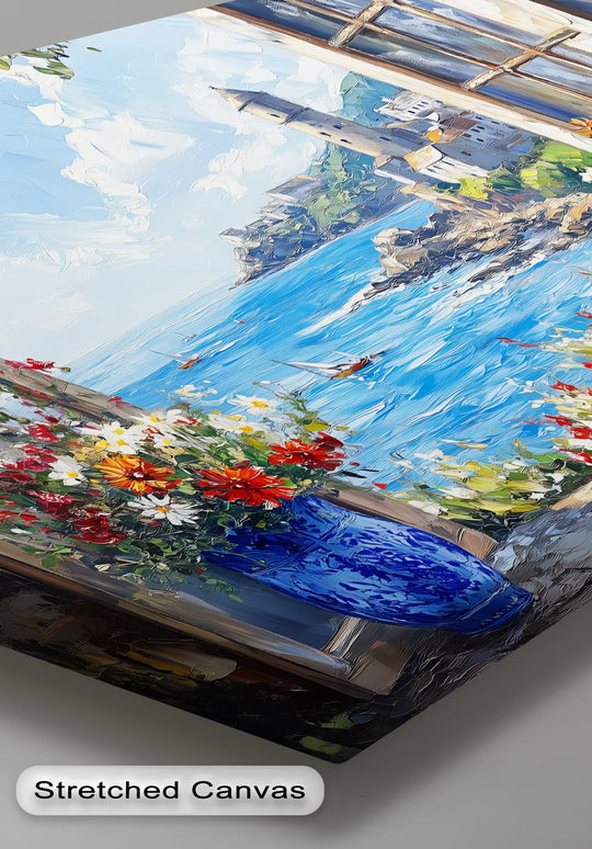 Gallery-wrapped canvas art prints highlight the rich texture and vibrant colors of this Mediterranean view coastal kitchen canvas print.