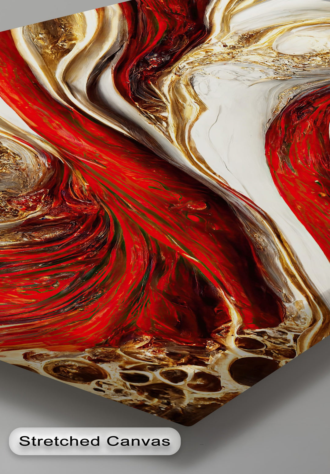 Vibrant red currents, accented by rich gold and clean white marbling, characterize this luxurious abstract hanging canvas.