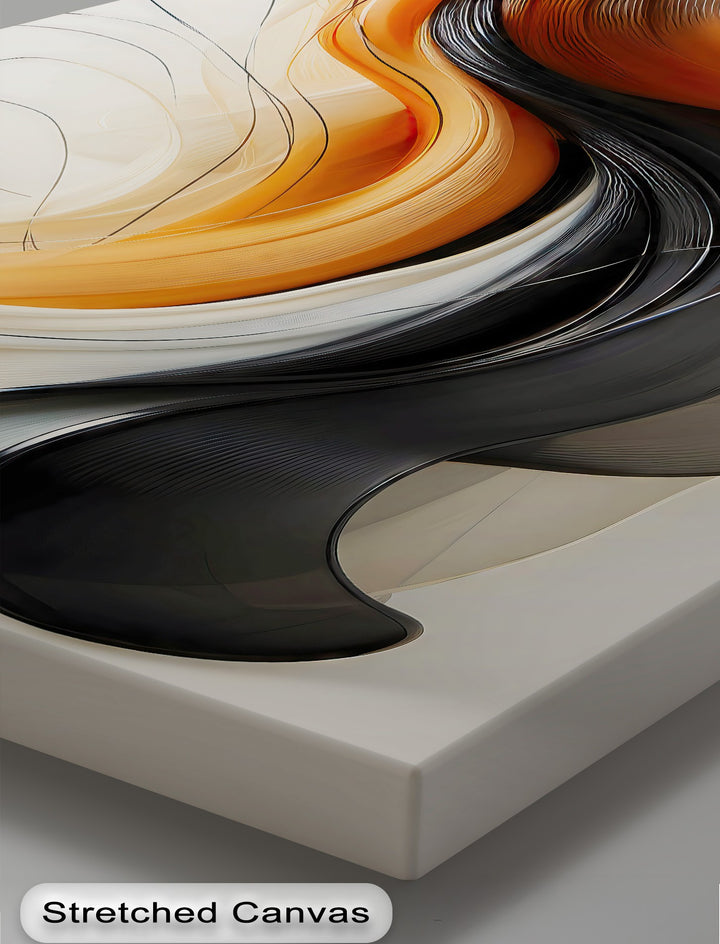 Dynamic layering of vibrant orange, deep black, and creamy abstract ribbons creates a mesmerizing flow, defining this striking canvas artwork.