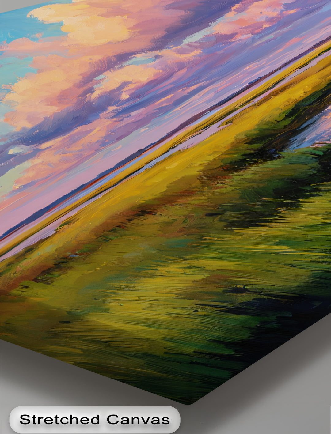The realistic detail in this golden sunset marsh landscape canvas artwork shows the brushstrokes and texture of the dramatic sky nature wall art.