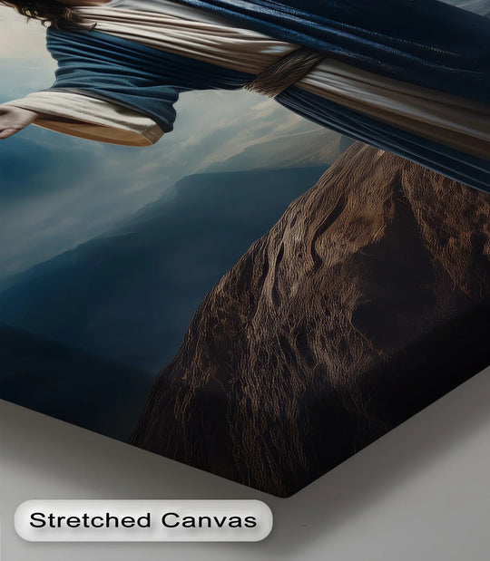 The 'Heavenly Light' canvas print features a striking transition between cool blues of the night sky and the warm browns of a mountain, highlighting the dramatic framed canvas composition.