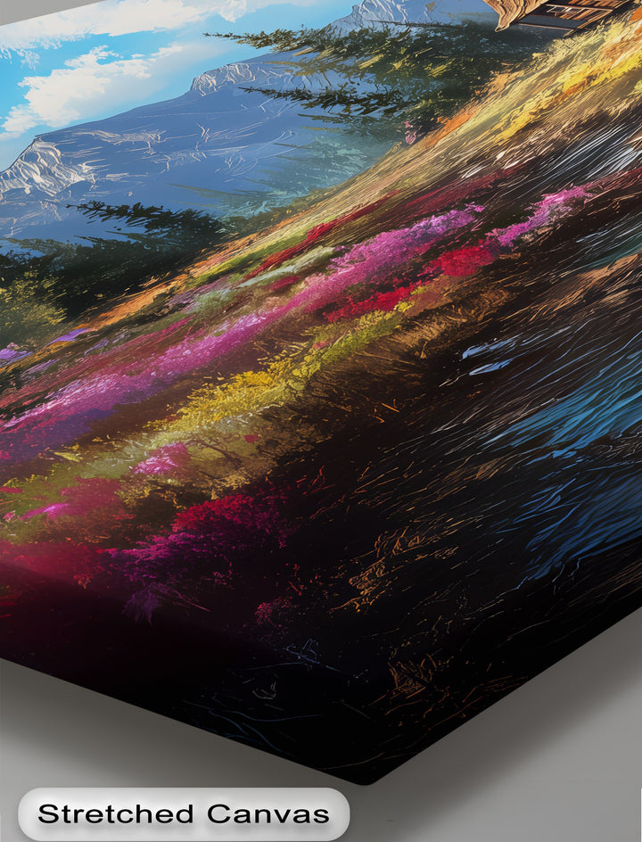 Tranquil Wilderness Cabin – Colorful Mountain Meadow Canvas Print