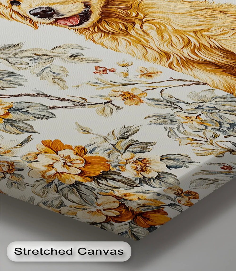 Smiling Golden Retriever Puppy with Vintage Floral Backdrop - Canvas Print - MyPhotoStation