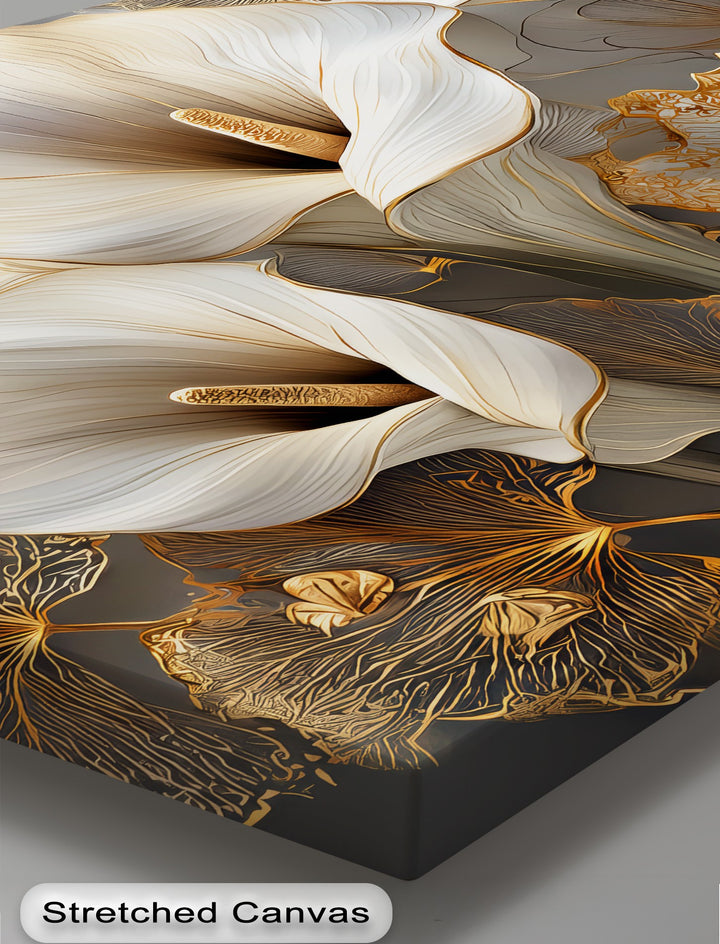 White Calla Lilies with Gold Leaves - Canvas Print