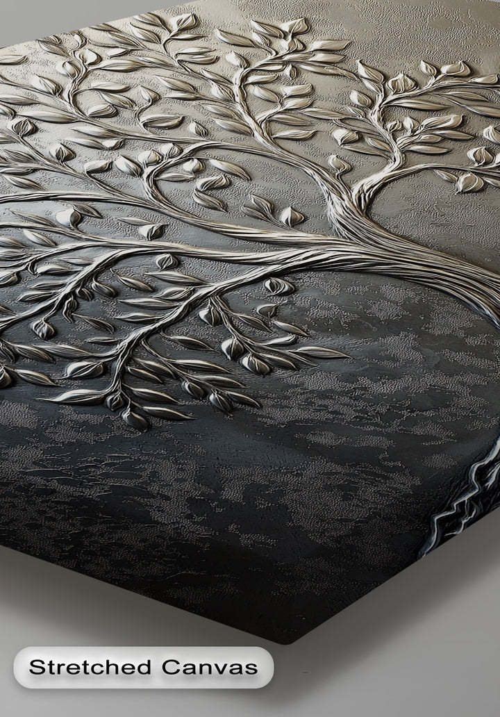 Light and shadow dramatically emphasize the sculpted silver tree's branches and leaves on this dark, textured, elegant botanical framed canvas.