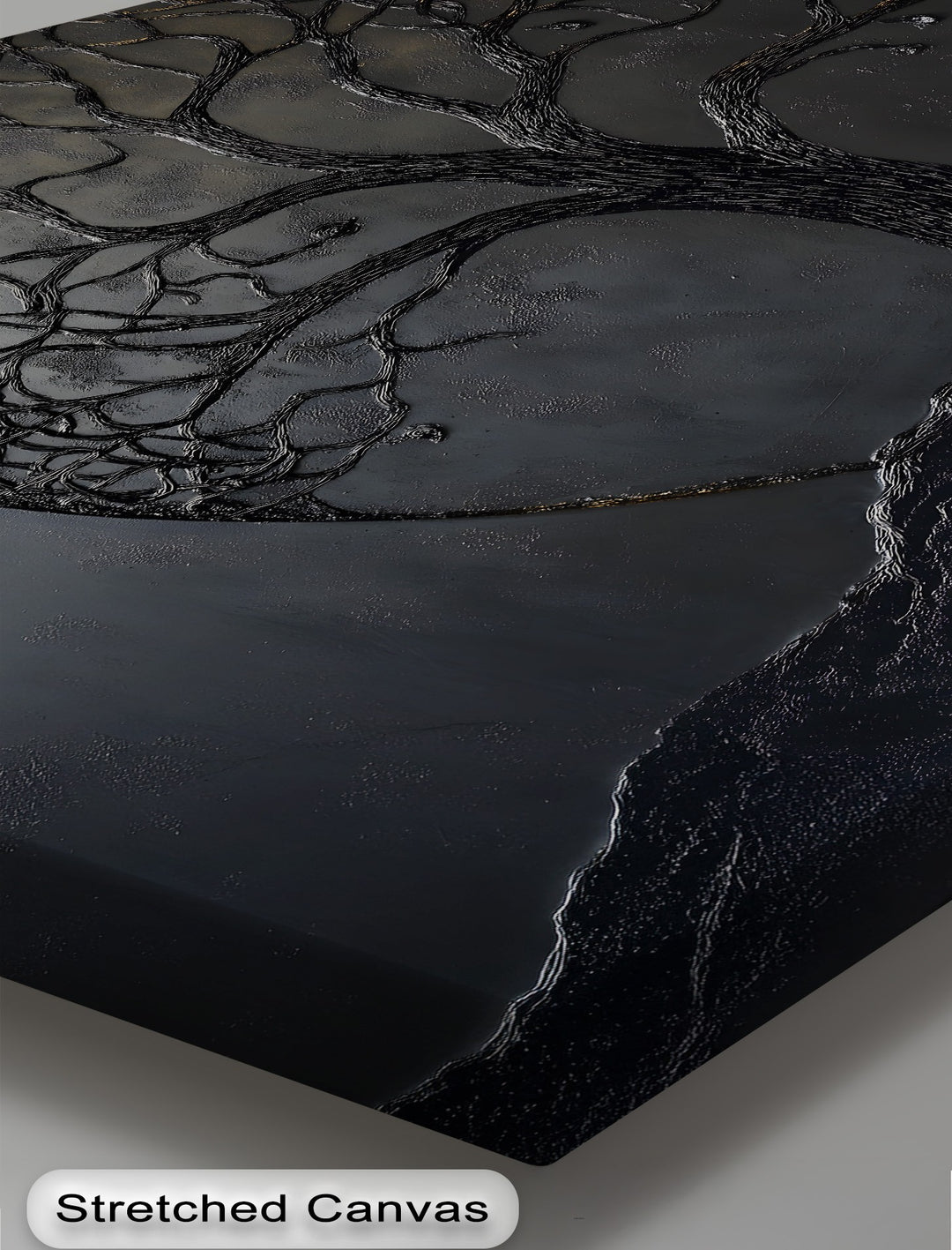 The prominent, textured black tree of life with intricate roots is the loudest element on this dark minimalist canvas art prints.