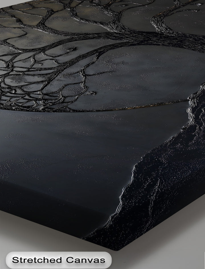 The prominent, textured black tree of life with intricate roots is the loudest element on this dark minimalist canvas art prints.