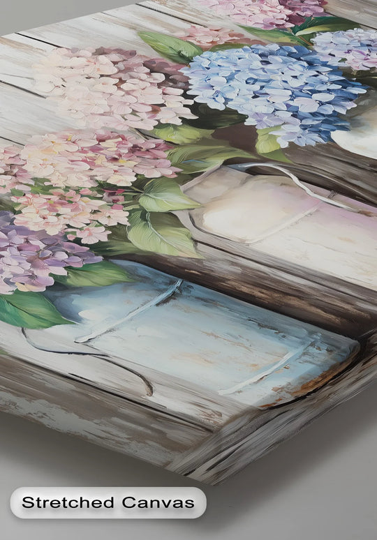 Heavily textured surface of the 'Rustic Hydrangeas in Vintage Milk Cans' kitchen canvas pictures, displaying an impasto effect that emphasizes the rustic, floral still life.