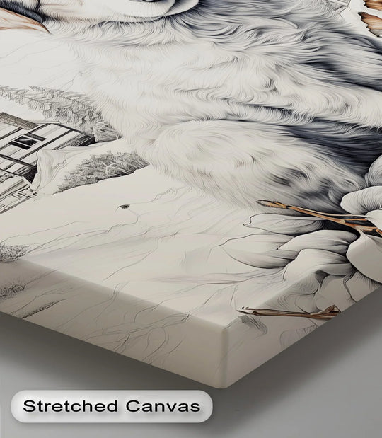 Fluffy Puppy in a Snowy Cabin Landscape - Puppies Canvas Print - MyPhotoStation