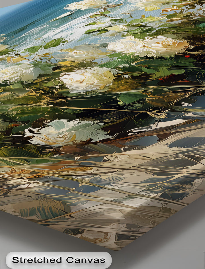 Whispers of the Dunes – White Roses by the Sea Canvas Print