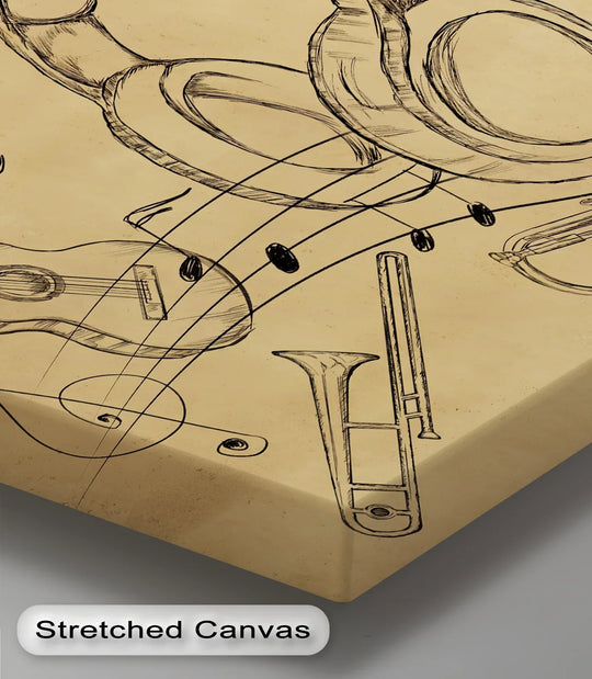 Beige toned background showcases a symphony of sound vintage musical instruments sketch music themed canvas wall art featuring guitars and trumpets.