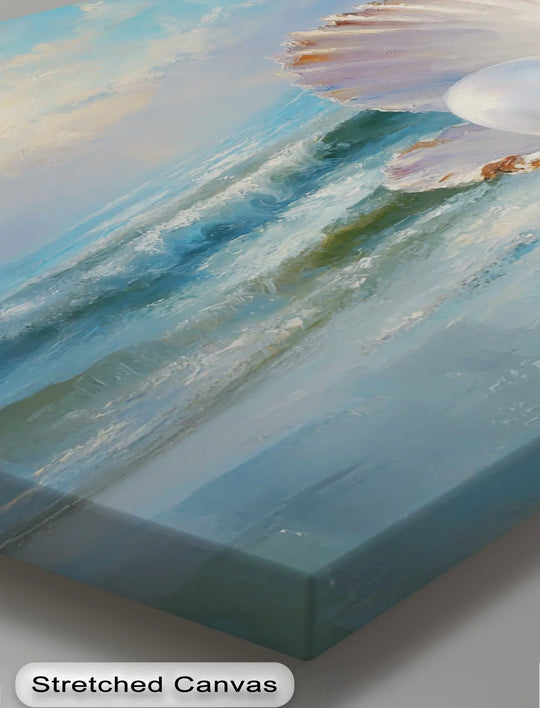 Brightest area highlights the pearl on this high quality canvas prints of a coastal scene featuring an open seashell at the shore.