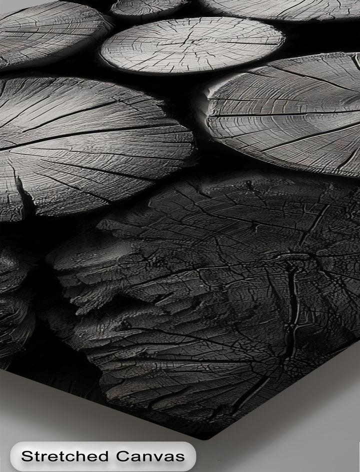 Highlighted by its crisp edges and borders, this black and white wood log texture canvas artwork showcases a rustic nature scene.