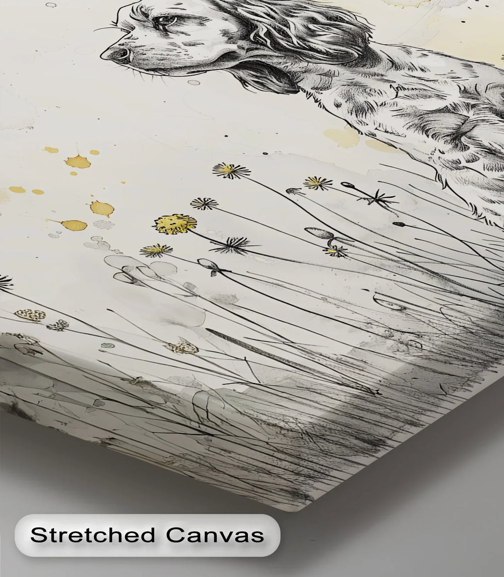Gentle Wonder – Ink Sketch Puppy in Dandelion Meadow Canvas Print - MyPhotoStation