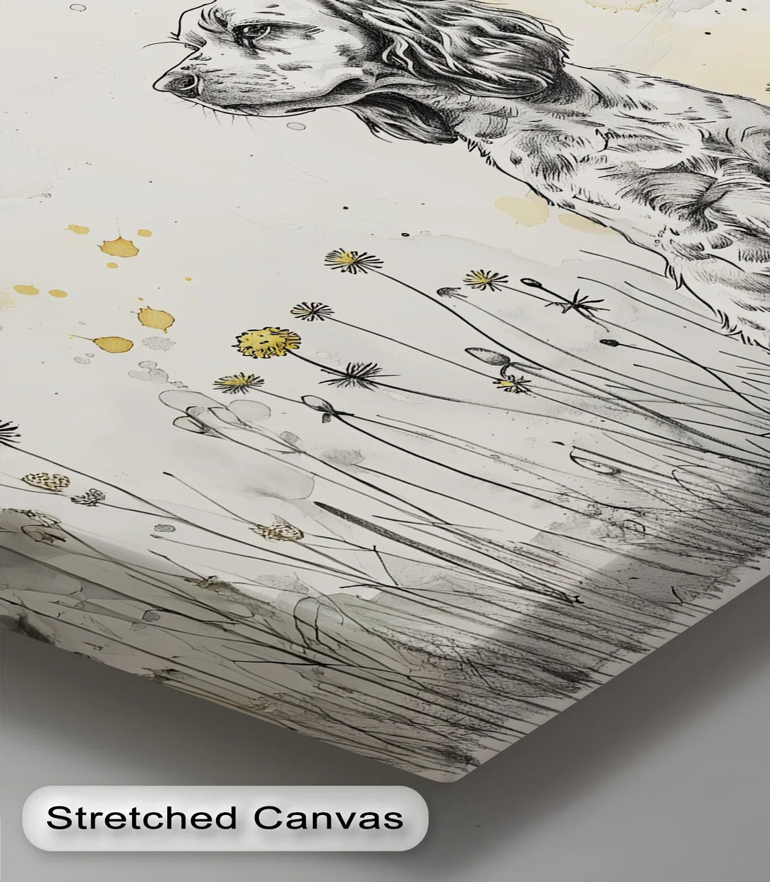 Gentle Wonder – Ink Sketch Puppy in Dandelion Meadow Canvas Print - MyPhotoStation