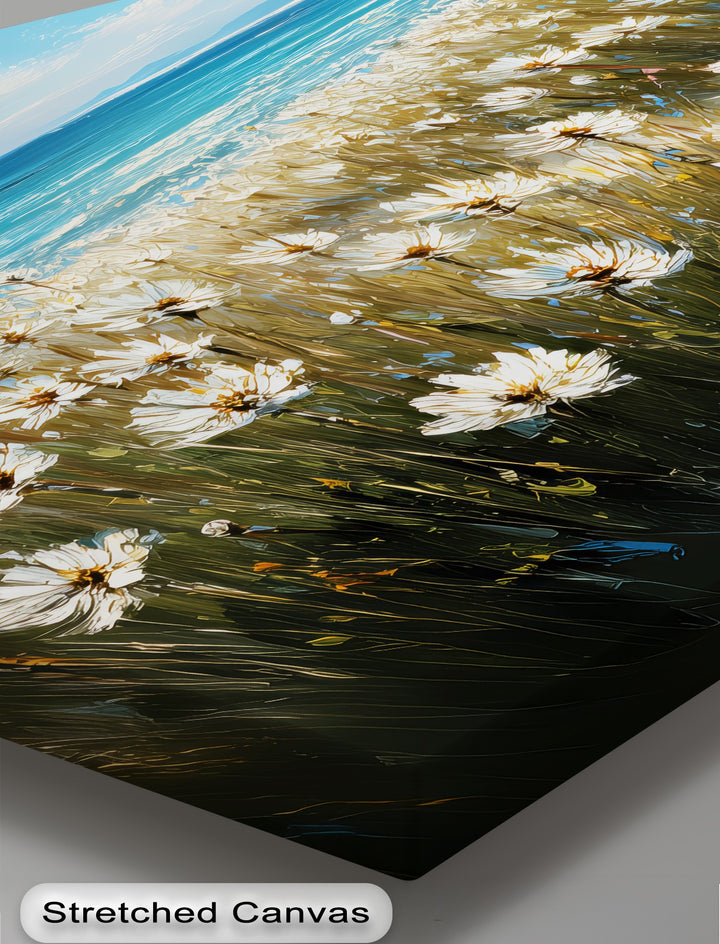 Whispers of the Coast – Daisy Field by the Ocean Canvas Print