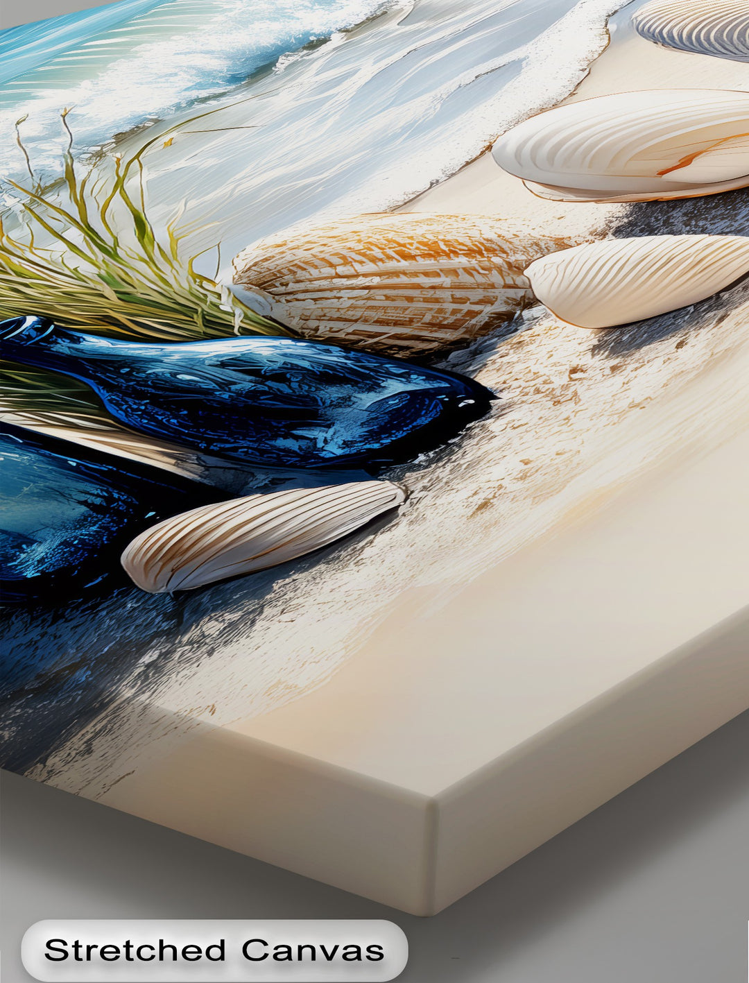 Blue Bottles and Seashells on Seashore - Canvas Print
