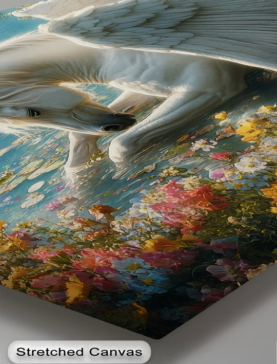Vertical fantasy animal canvas print showcasing a serene winged unicorn by the water, rendered as high quality canvas prints in a detailed, shaped orientation.