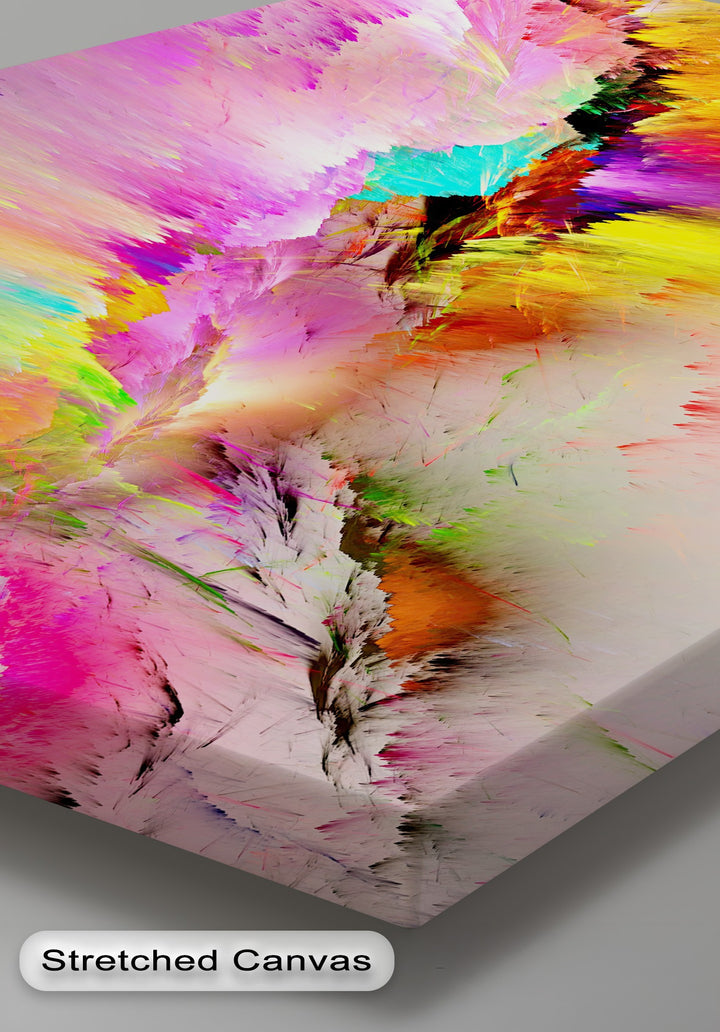 The central subject is a vibrant abstract color burst of pink, yellow, and turquoise textures, showcasing one of the best canvas prints.