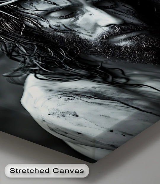 Dramatic chiaroscuro highlights the emotional intensity of this 'Crown of Suffering' Jesus premium canvas decor, capturing a solemn portrait of sacrifice in this art print.