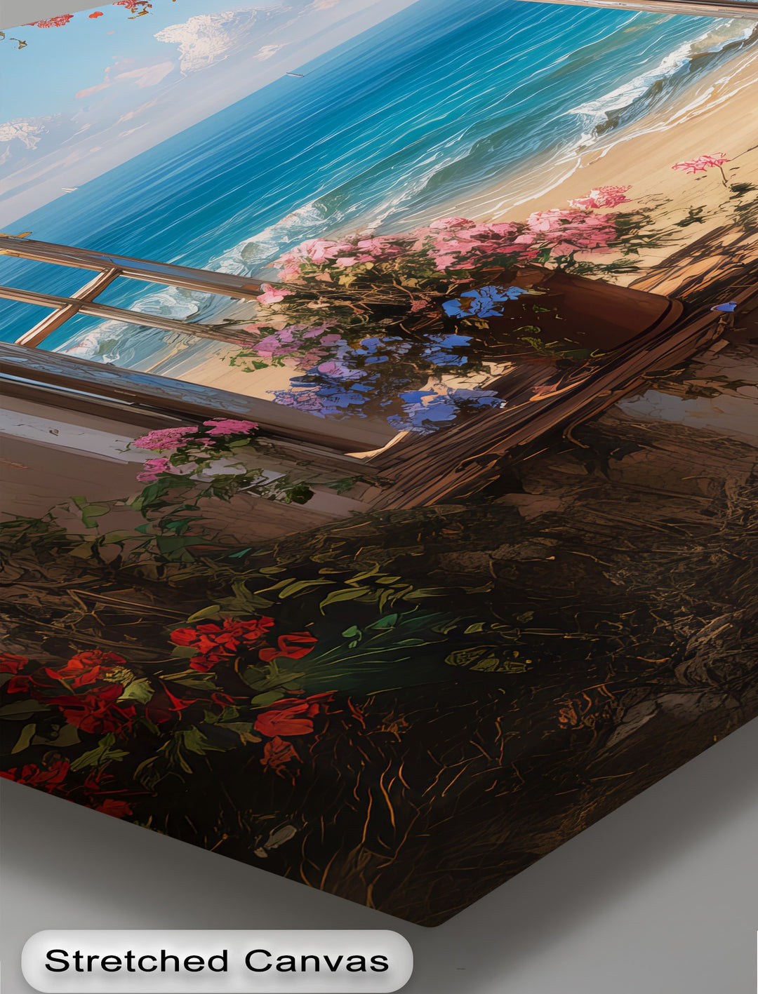 Blossoms by the Sea – Open Window Beach View Canvas Print