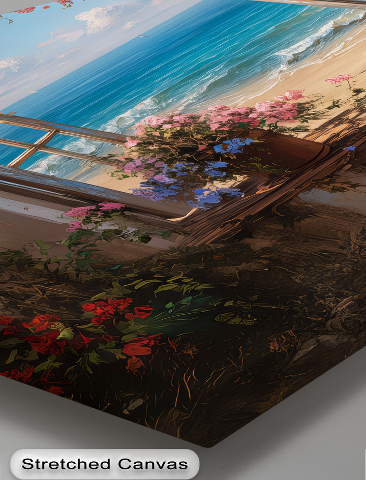 Blossoms by the Sea – Open Window Beach View Canvas Print