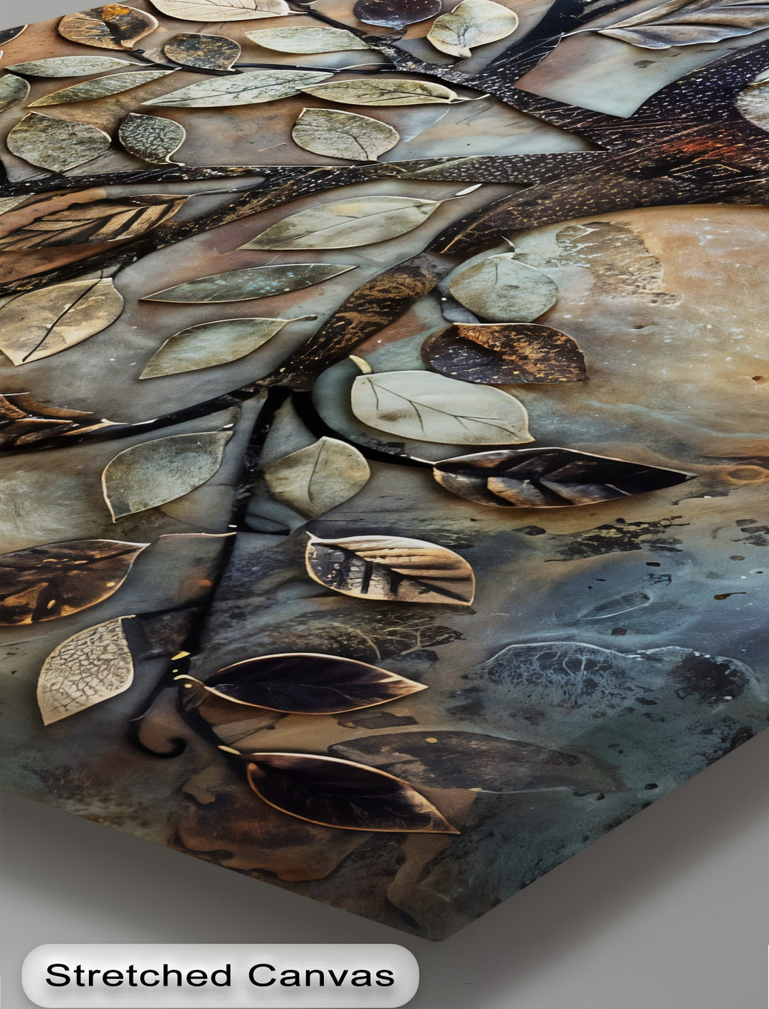 Showcasing remarkable depth and layers, this unique canvas print features a sculptural Tree of Life with metallic-toned leaves.
