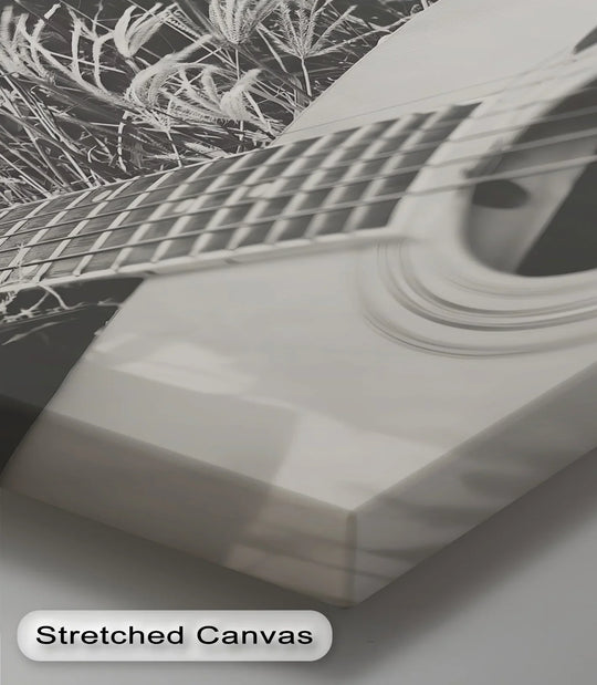 The subtle transition between shades accentuates the high quality canvas prints in this acoustic guitar in field black and white nature music canvas print.