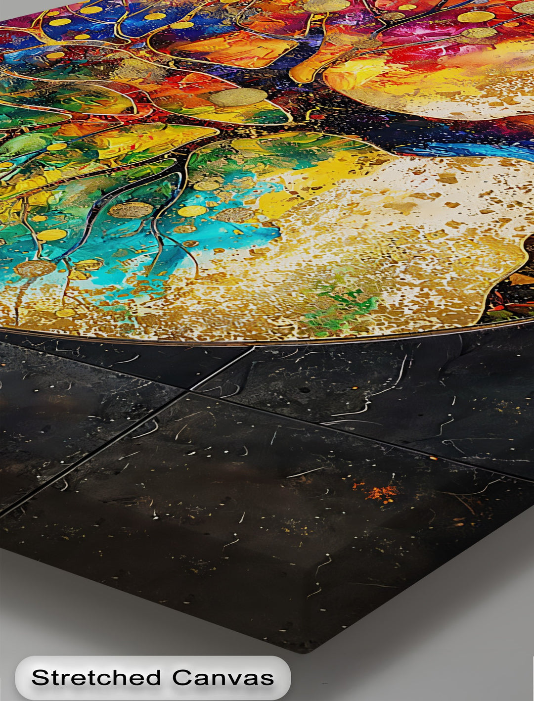 The brightest area, a textured expanse of shimmering gold and creamy white, defines this vibrant abstract colorful tree canvas art.