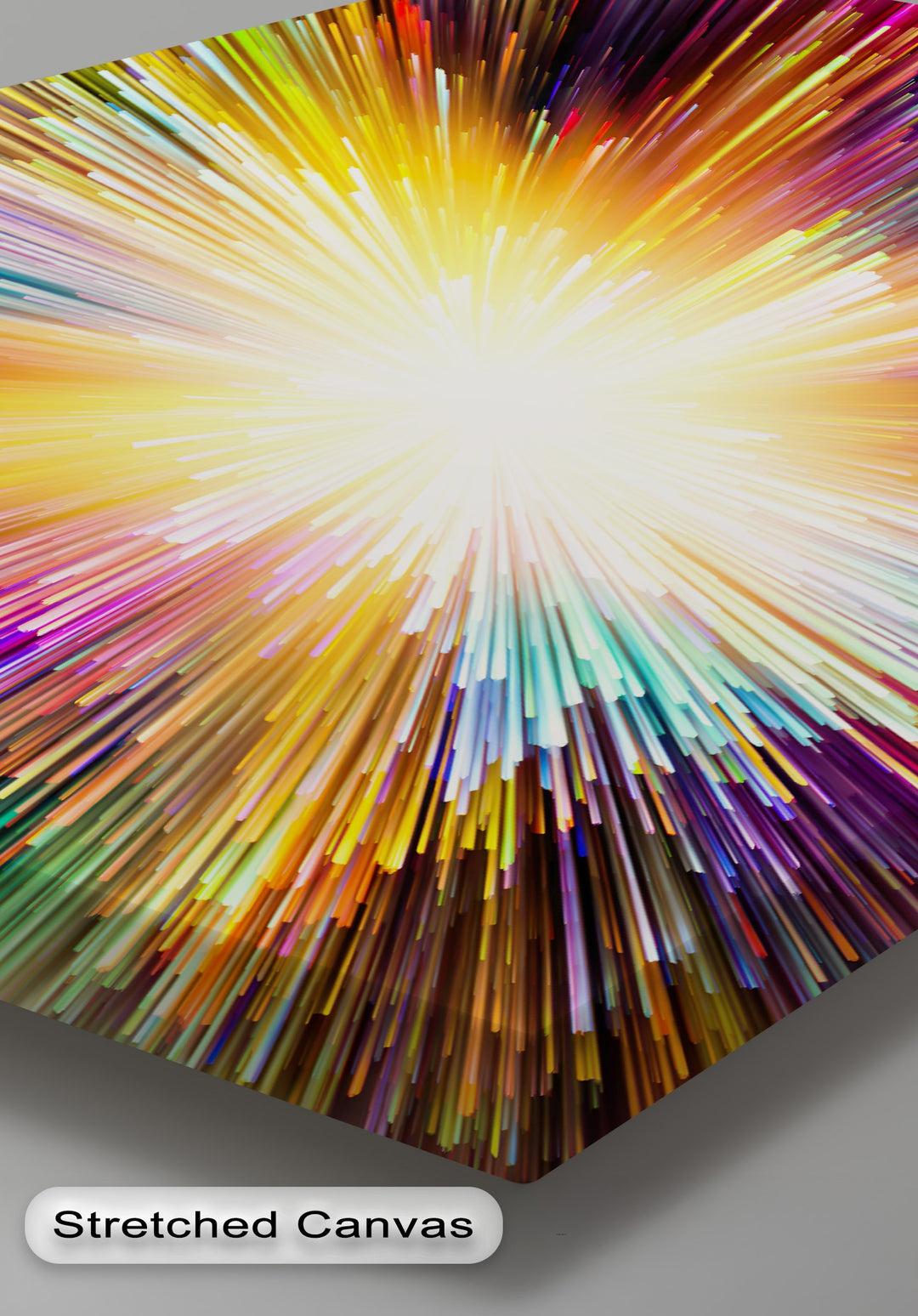 The dynamic transition between vibrant hues radiates from a central glowing light burst, creating a mesmerizing piece of colorful abstract canvas art.