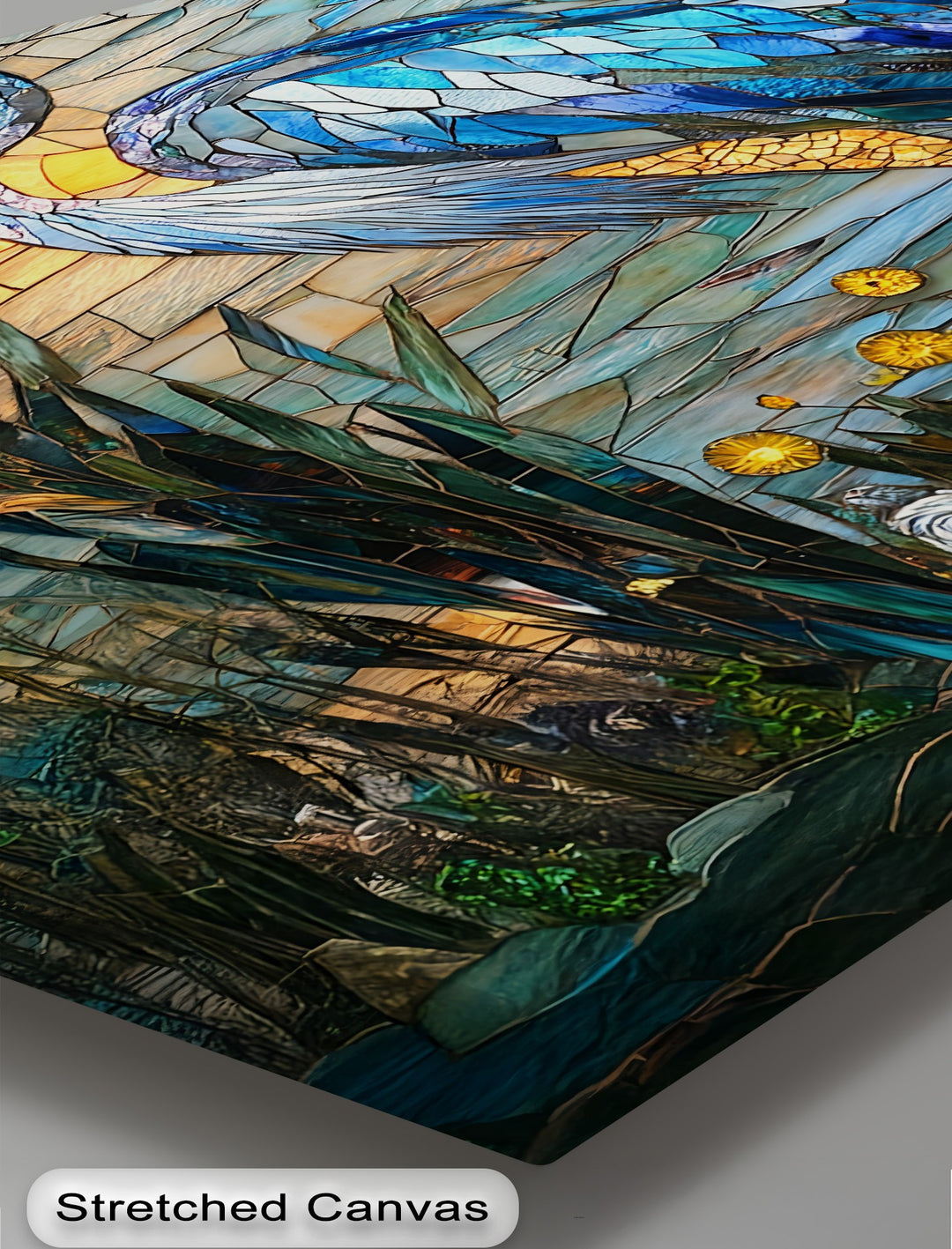 Soft, shimmering light gracefully highlights the intricate stained glass heron, a colorful bird canvas art showcasing serene nature wall decor.
