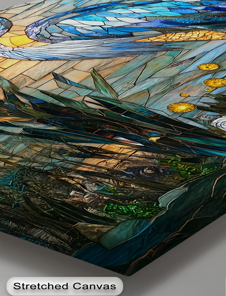 Soft, shimmering light gracefully highlights the intricate stained glass heron, a colorful bird canvas art showcasing serene nature wall decor.