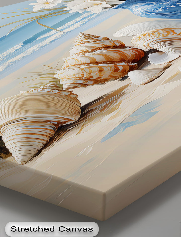 Coastal Serenity – Seashells and Blue Vases Canvas Print