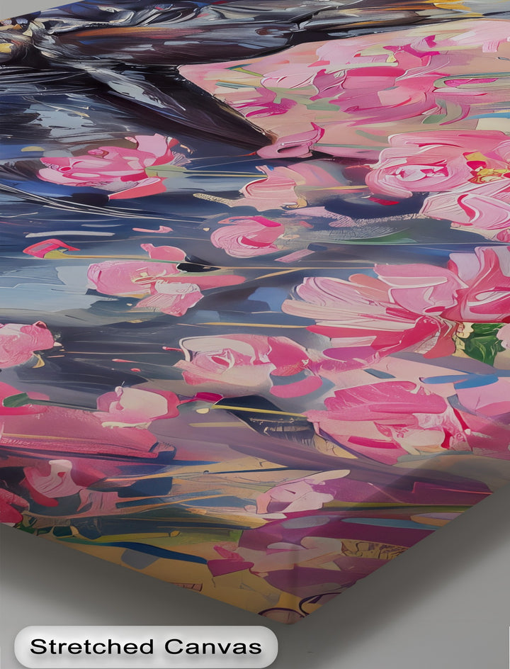 Blossom Drift – Black Horse in Pink Field Canvas Print