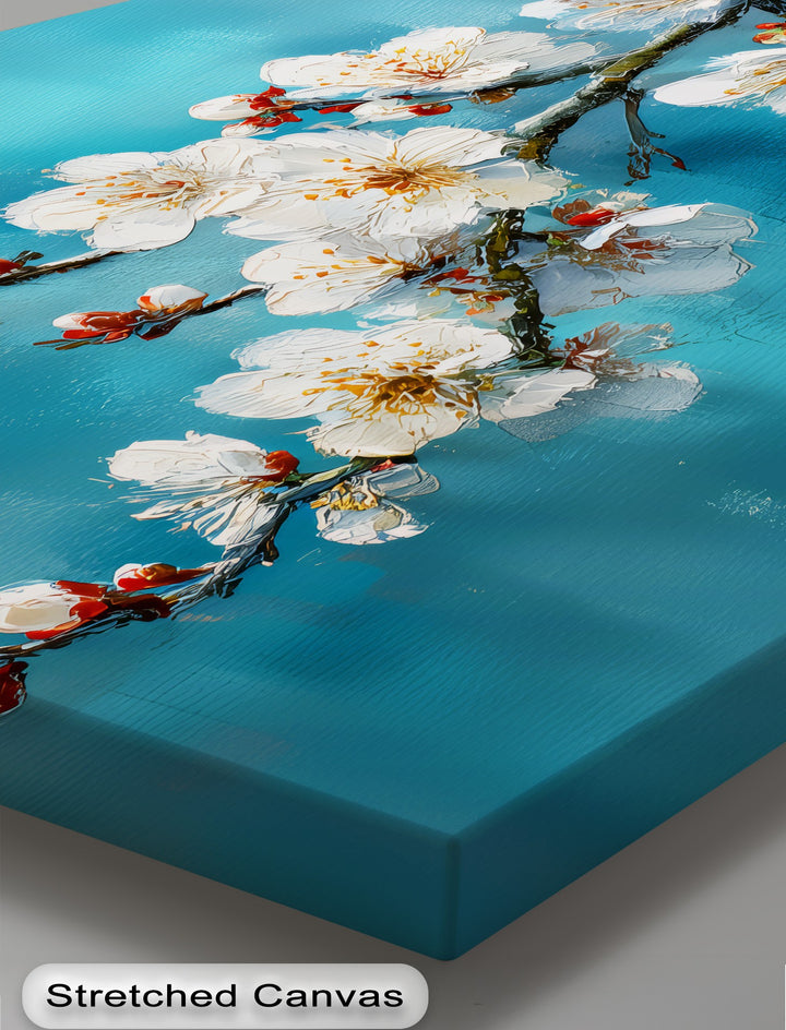 Blossom Serenity – White Cherry Blooms on Blue Canvas Print