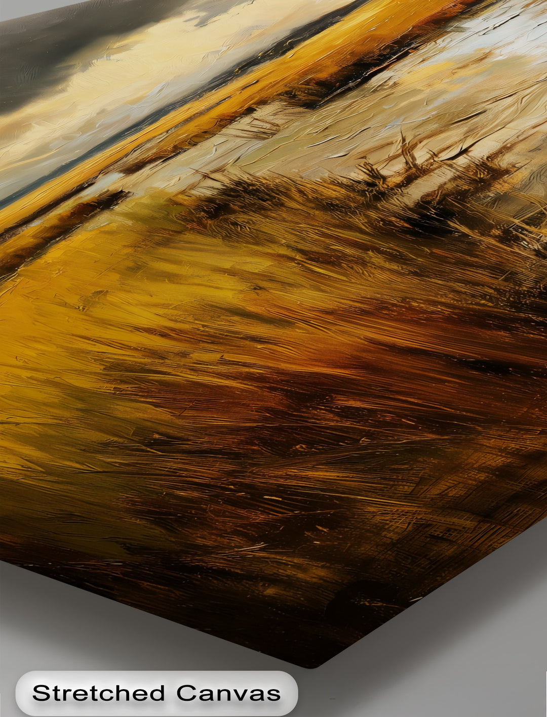 The central subject of this golden marsh storm landscape canvas print showcases the textured details of nature's drama in canvas wall art.