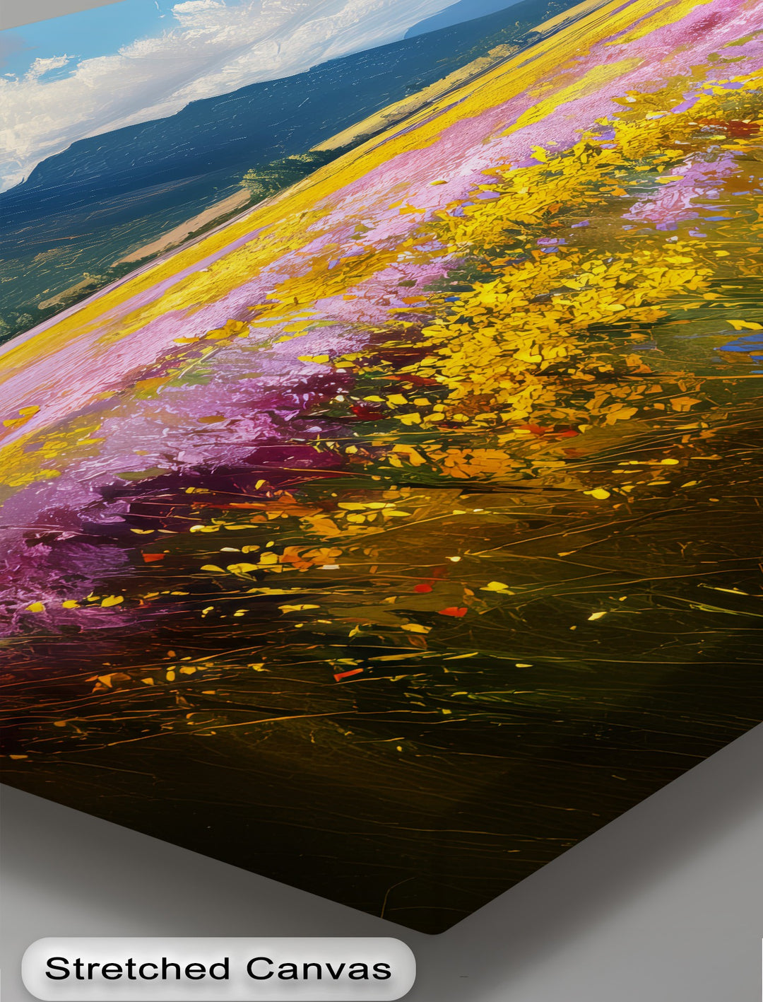 Valley Bloom – Wildflower Field and Mountain Landscape Canvas Print