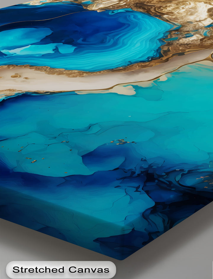 The darkest area features deep, abyssal blue swirls within a mesmerizing framed canvas of luxury abstract ocean wall art.