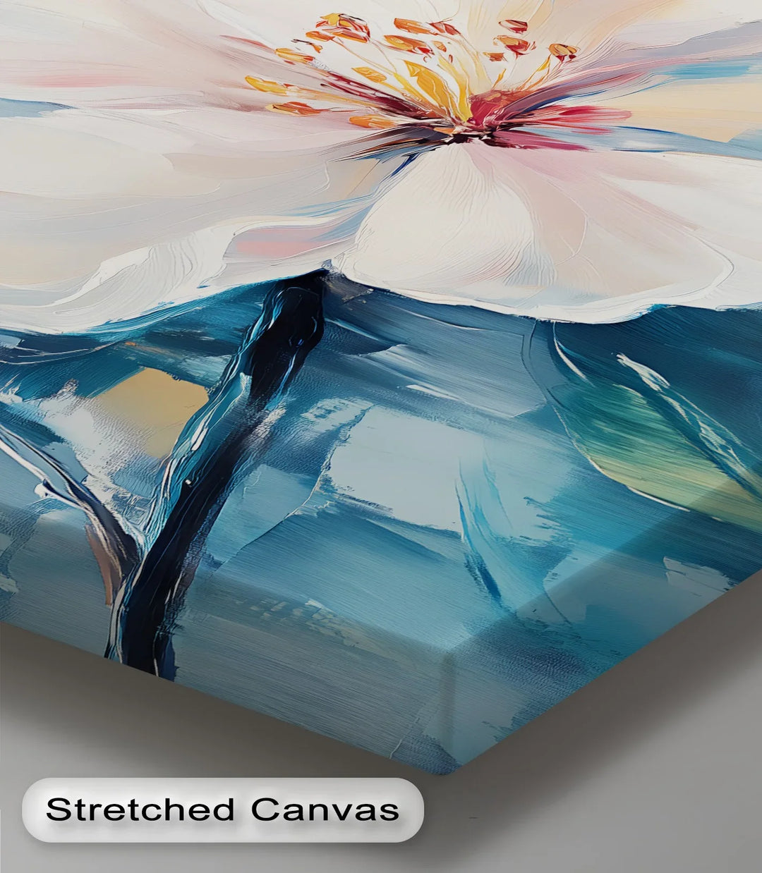 Cherry Mist – delicate single flower canvas in serene blue tones.

