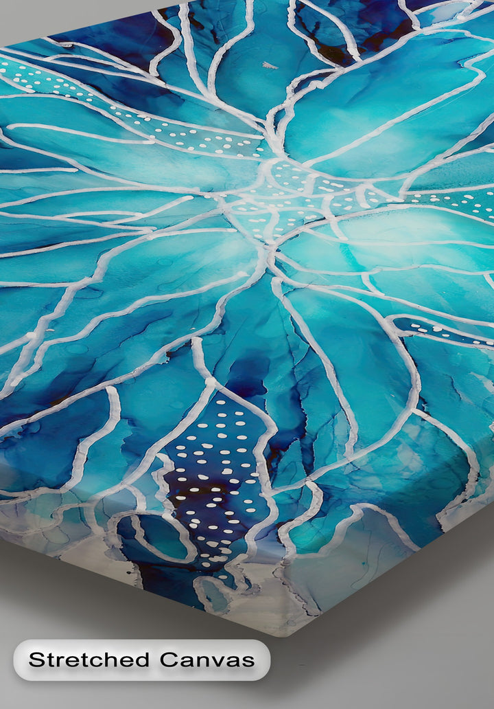 Negative space on this Abstract Floral Wall Art canvas pictures is artfully defined by flowing white lines and dots, enhancing the vibrant blue watercolor tones.